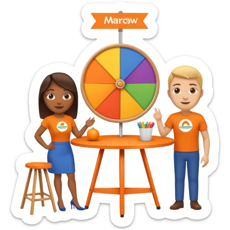 emoji of a recruitment booth. Two cartoon figures stand behind an orange table with 'MARROW, be a match' branding, a colorful spinning wheel, and a branded vertical banner. Simplified and cute. There should not be fruit in the picture.  sticker