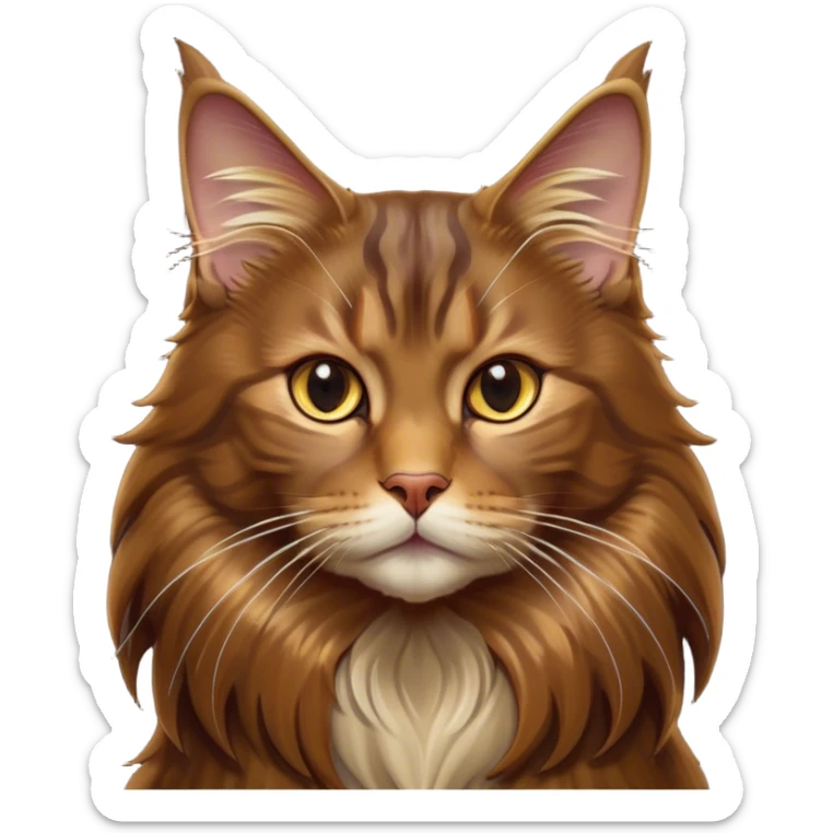 Cinematic Brown Maine Coon Cat Portrait Emoji, Elegant and alert, sleek brown and gold tones with hints of deep auburn, Simplified yet sharp features, highly detailed, glowing with a warm, confident glow, high shine, intelligent and poised with an air of wisdom, stylized with an air of grace, focused and attentive with a calm, old soul expression, soft glowing outline, capturing the essence of experience and majesty, so lifelike it feels as though it could spring into motion at any moment, radiating wisdom and grace. sticker