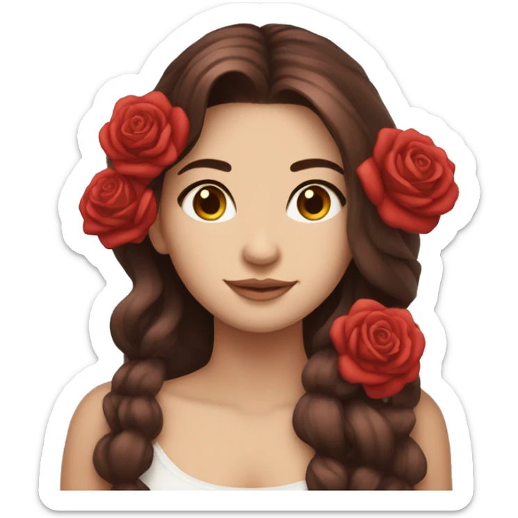 Beautiful, rose, red, flowers in hair, long dark brown hair, white fair skin sticker