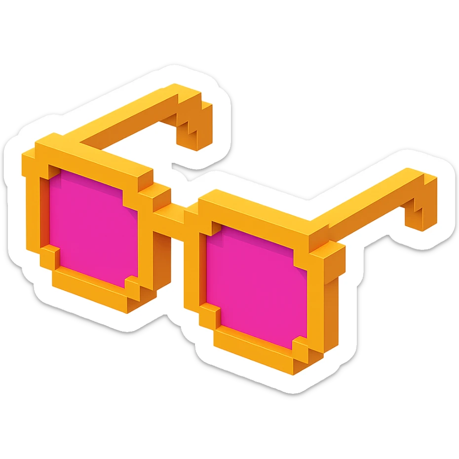 Voxel-style pink glasses with pink lenses, no background, following the silhouette from the reference image, with a different color scheme. sticker