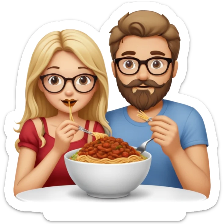 Blonde Caucasian girl eating spaghetti lady and the tramp style with Caucasian man with brown hair and beard wearing glasses sticker