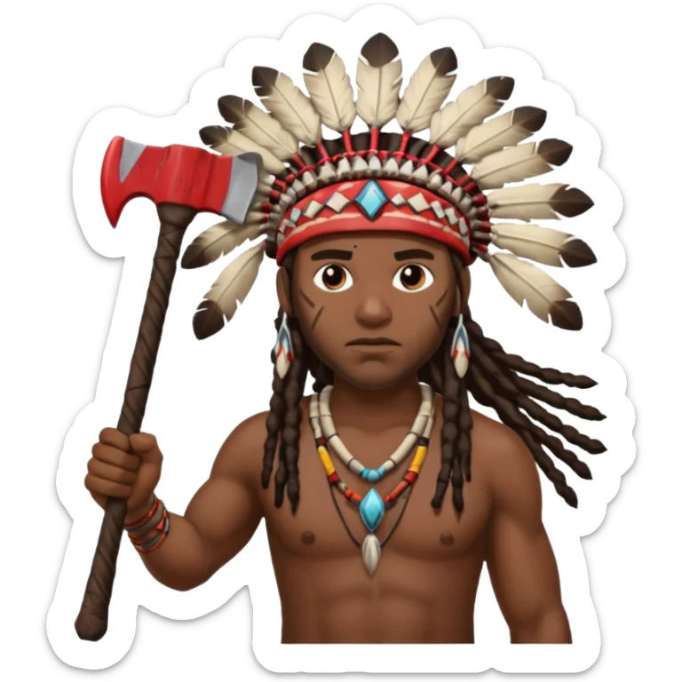 Black American man dark brown with dreads with a American Indian headdress throwing a axe sticker