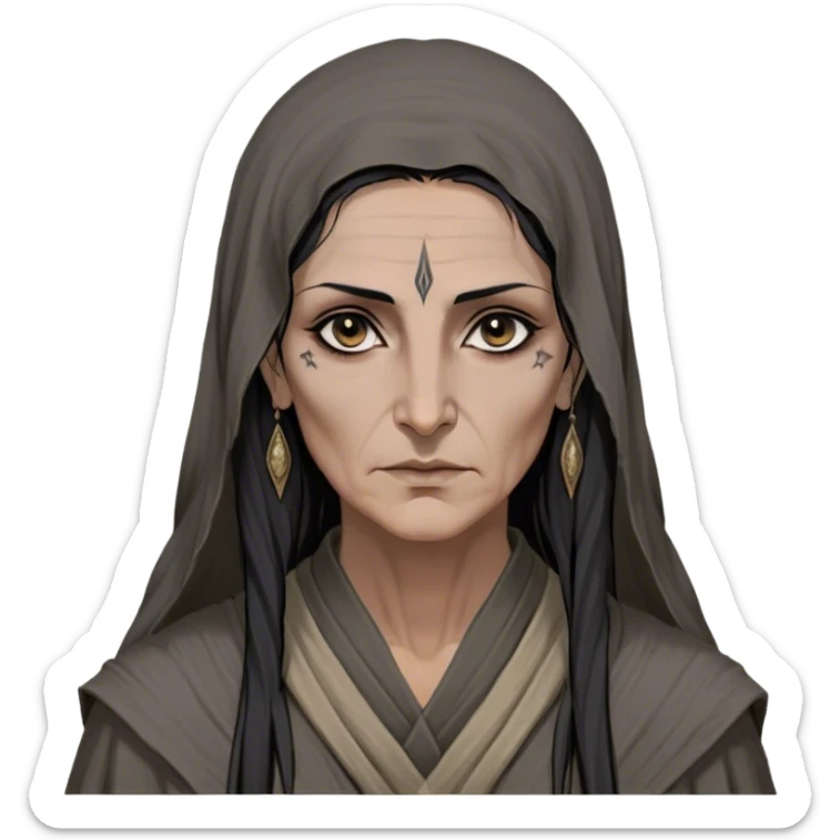 Mirri Maz Duur is a weathered, age 55 Lhazareen woman with deep-set dark eyes, high cheekbones, and a sharp nose, giving her a stern, knowing expression. Her long, unkempt dark hair streaked with gray falls loosely over her shoulders, and her earth-toned, tattered robes mark her as a humble healer. Despite her frail appearance, she exudes an aura of mystery and menace, her hands stained with herbs and blood from both healing and dark sorcery. sticker