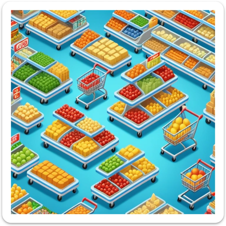 Isometric supermarket with food aisles and shopping carts sticker