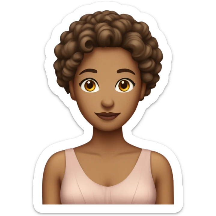 woman with tan skin, brown eyes, curly hair, and a pretty dress stading sticker