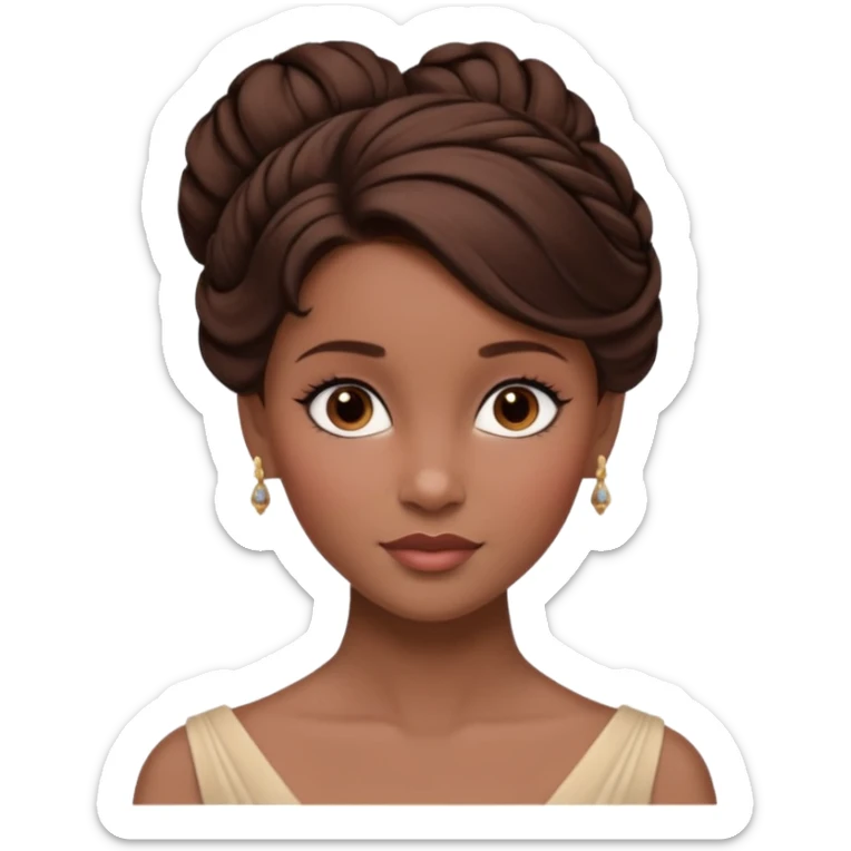 Cinematic Emma Darcyn Realistic Portrait, depicted with lifelike skin texture, subtle rosy undertones, and soft natural lighting that enhances the gentle contours of her face. Her intricately detailed brown hair is elegantly styled in an updo, sticker