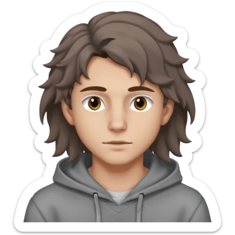 18 year old boy siren eyes good jawline with grey hoodie and long brown wavy wolf cut hair sticker