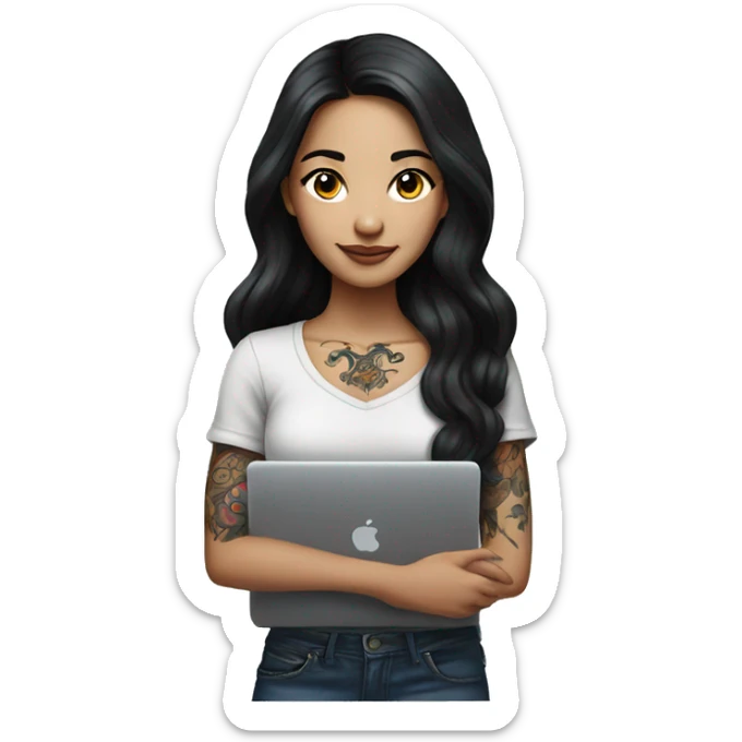 beautiful girl, with arm tattoos, with long black hair, wavy hair, chinese, with laptop sticker