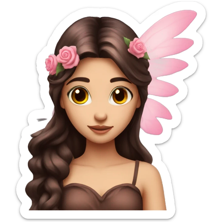 Beautiful, rose, fairy, pink, flowers in hair, long dark brown hair, big wings, fair skin sticker