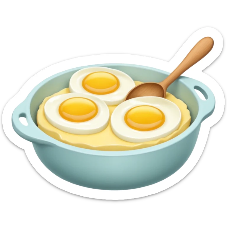 A carton of eggs, butter and a cream ceramic baking bowl with a wooden spoon in it sticker