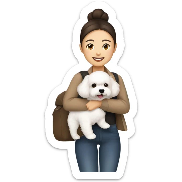 A hair-in-a-bun Asian woman, with brown hair, carrying a cute and happy Bichon Frise at the airport  sticker