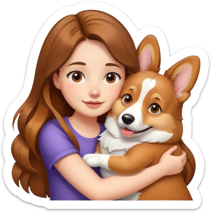 Girl with long brown hair hugs a corgi dog sticker