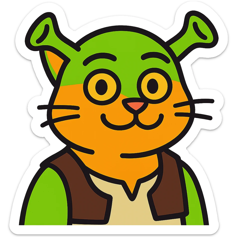 vibrant toon style cat as Shrek with green ogre ears and bold colors sticker