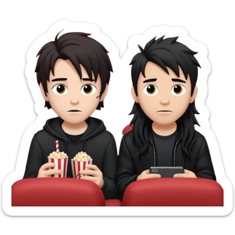 pale Goth boy with a bunch of face piercings, with shaggy dark brown hair, next to a tan skin gamer boy with long black hair , they are watching a movie in the theater together  sticker