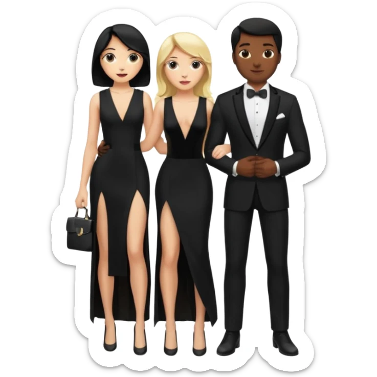 Blonde woman, black, Long, tight, sleveless Dress, Slot left Leg, man, black Hair, in Dinner jacket, Background ballroom sticker