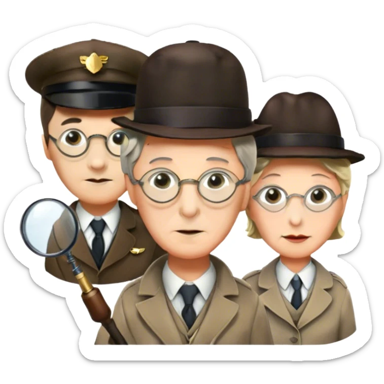 Icon for Detective Movies: A colorful collage with Sherlock Holmes, Miss Marple, and Pinkerton. Include magnifying glasses, clues, detective tools, a criminal and a policeman in the background. The design should evoke mystery and intrigue, with a classic detective movie feel. Transparent background. sticker