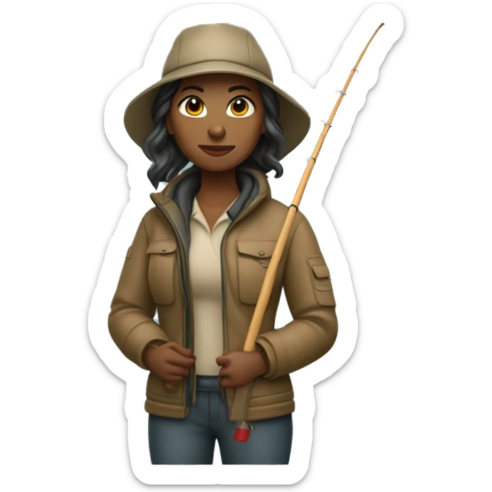 fisher woman in fisheing jacket and fishing tool in hand  real skin color  sticker