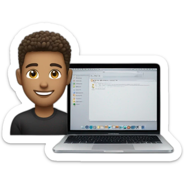 Smiling guy, barber fade haircut, wearing a black quarter zip sweater with white tee shirt under, tan skin tone, working on a MacBook Air sticker