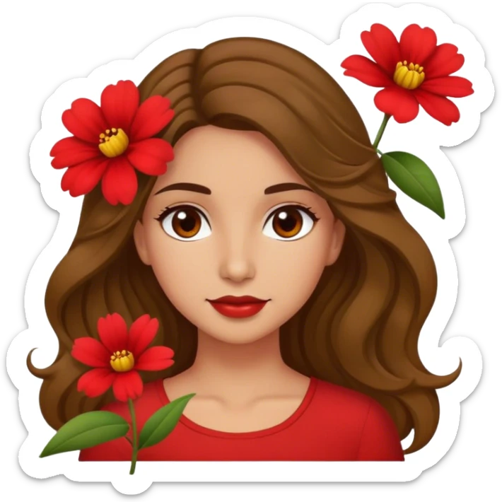 Olive brown eyed women with long wavy hair red flower background red top sticker