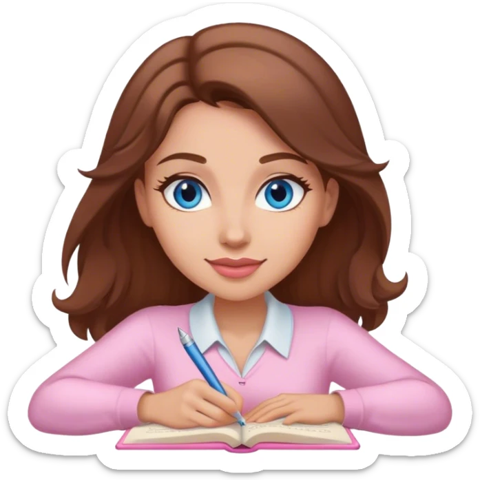 female writer happy, brown hair and blue eyes writing a light pink romance novel sticker