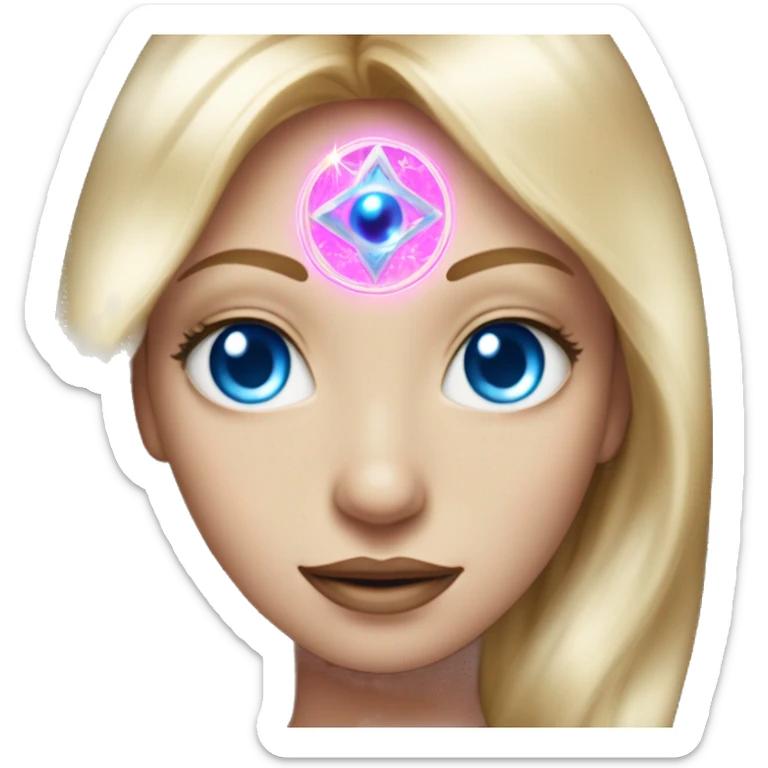 magical diva with thin pink andromedan face long blonde hair and blue eyes glowing third eye sticker