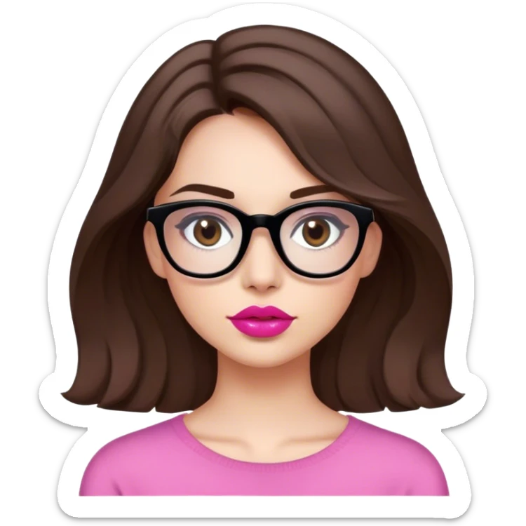 joven mujer de cabello por los hombros medio risado castaño, ojos marron oscuro, blanca, con gafas negras. labios rosados  sticker