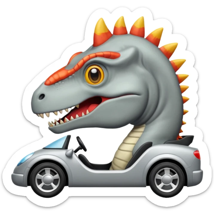 Dinosaurio  gris subido en un carro blanco tecnológico con lentes de realidad virtual sticker