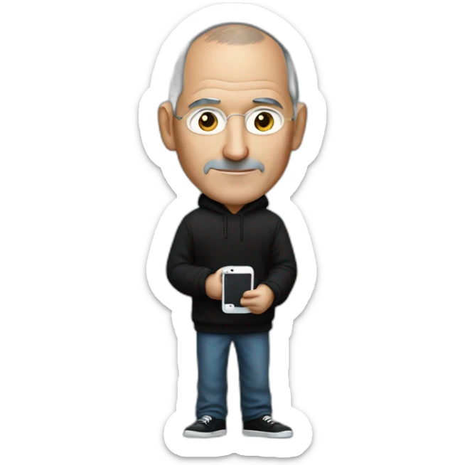 Steve jobs whit a black hoodie and a iphone in his hand sticker