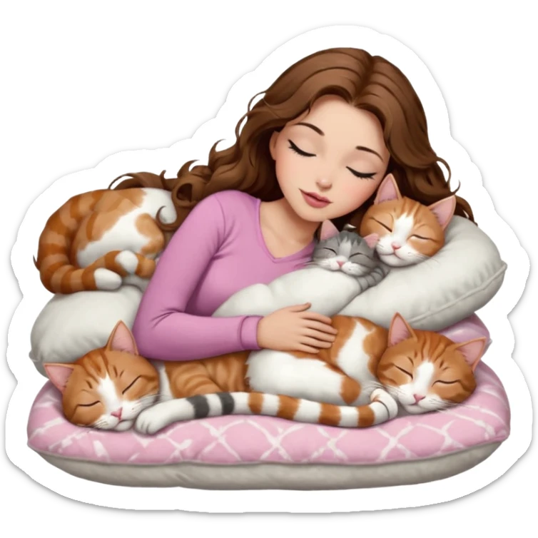 girl with long wavy brown hair, brown eyes, long lashes makeup, sexy pink lips, light to medium complexion,  sleeping on a cozy pillow, with 6 cats: 1 brown and white tabby cat, 1 ginger and white, 2 grey and white, 1 grey with white mittens and small white patch on chest and 1 calico, sleeping sticker