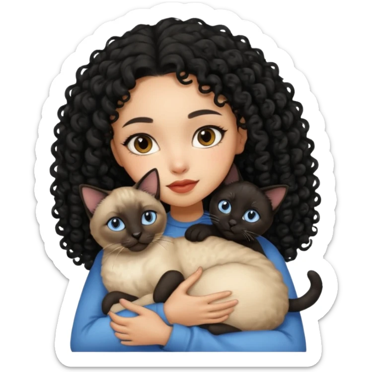 Lightskin girl with black curly hair cuddling with siamese cat sticker