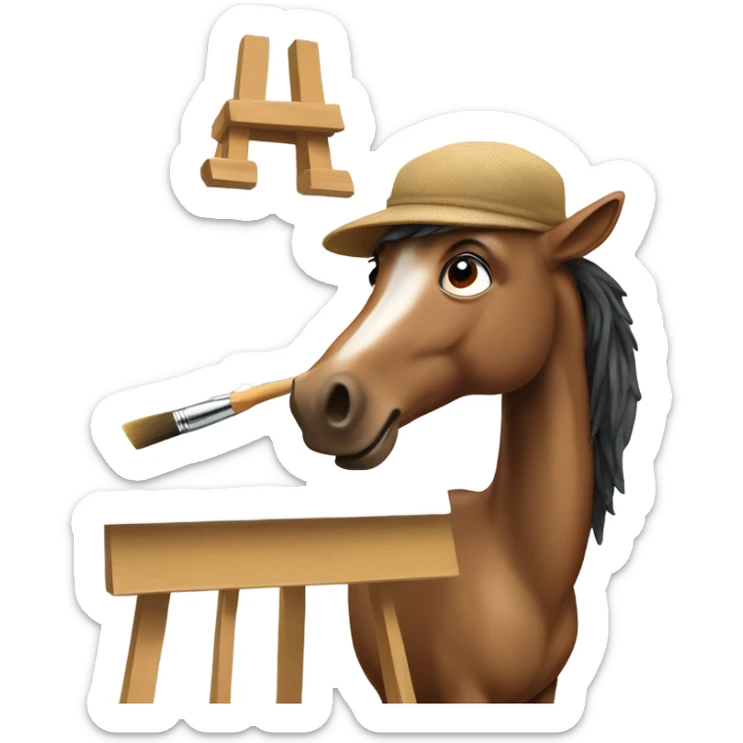 horse artist wearing a beret and standing in front of an easel with a paintbrush in his mouth sticker