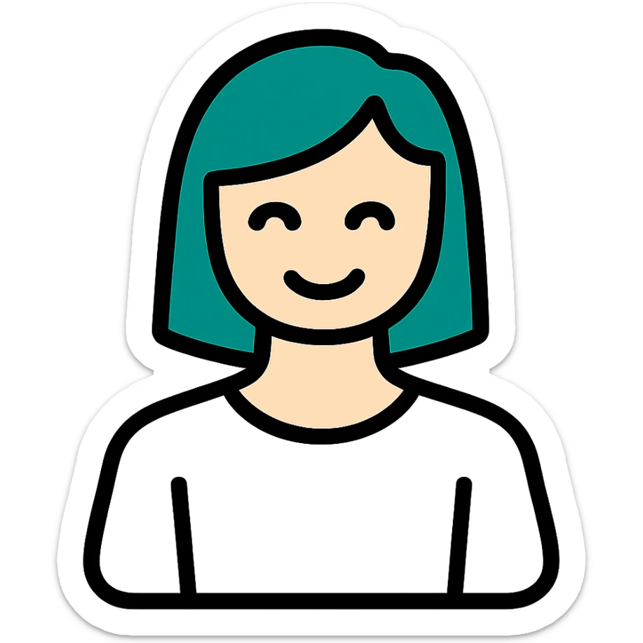 Make the face transparent, clothes as lines only, only the hair is filled in, teal icon style, keep background transparent. sticker