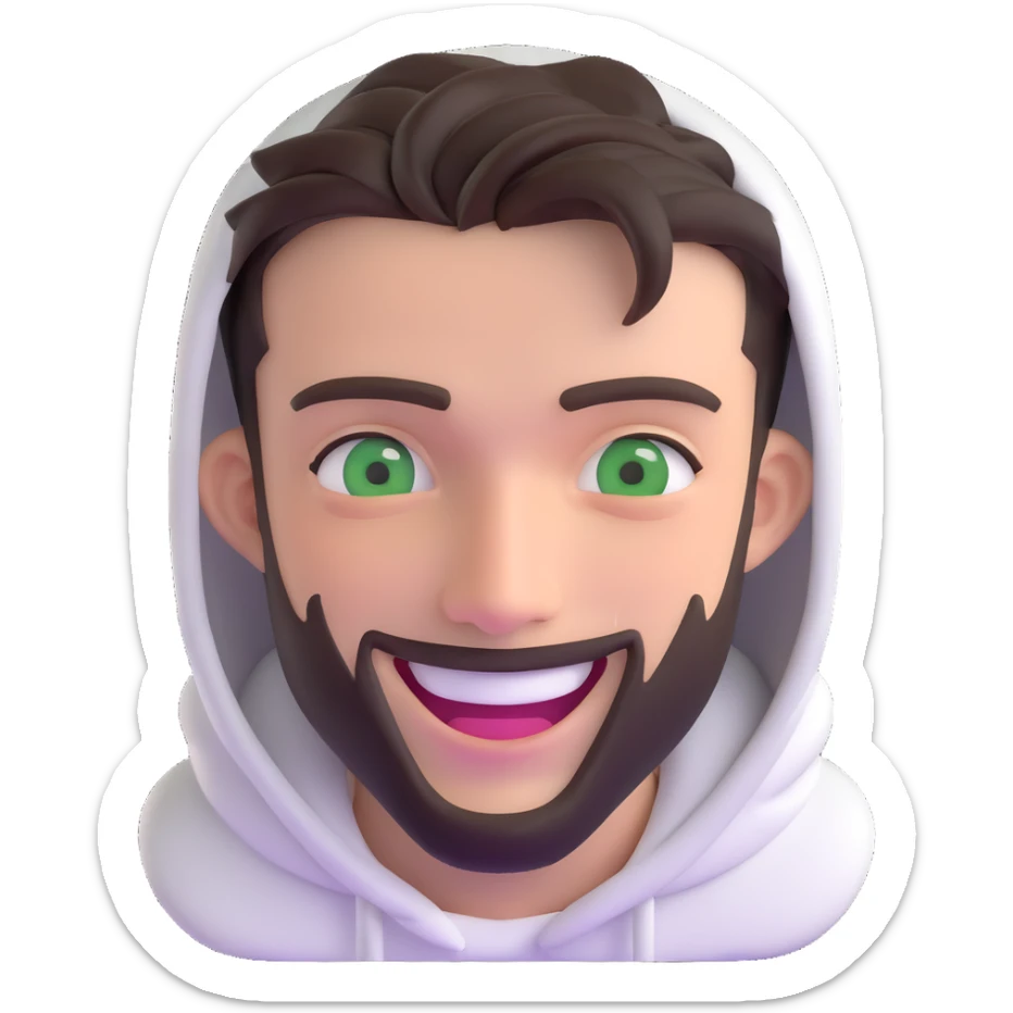 laughing guy with white hoodie, green eyes, dark brown undercut hairstyle and a short full beard sticker
