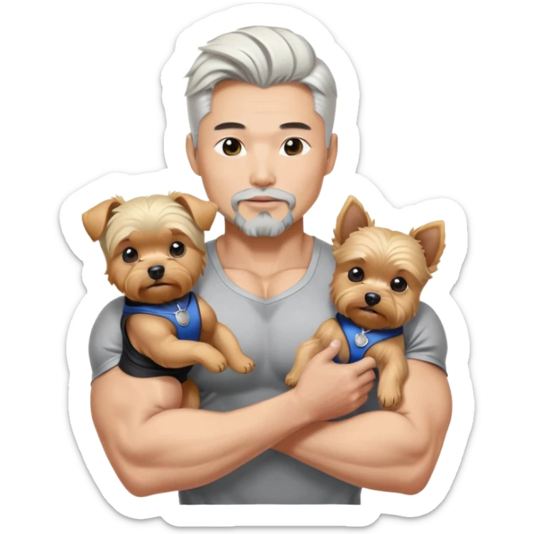  Holding silver blonde yorkie Korean Asian handsome man with black pointy hair full goatee and body builder biceps sticker