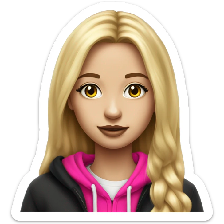 Pretty girl with long eyelashes and blonde long hair girl wearing a black hoodie with hot pink logo on the front drawing hypperrealistic  sticker