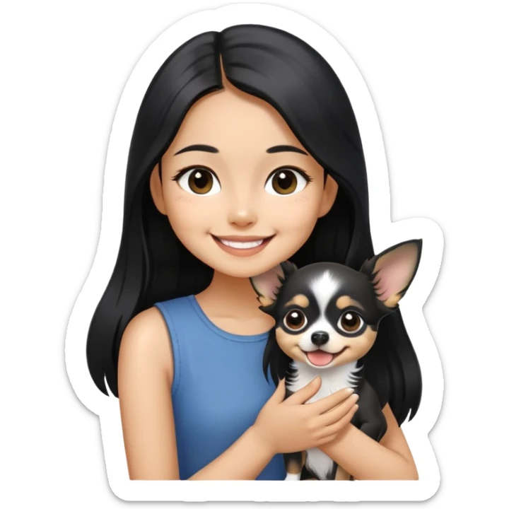 Smiling Thai girl with long black hair petting a tiny black and white Chihuahua sticker