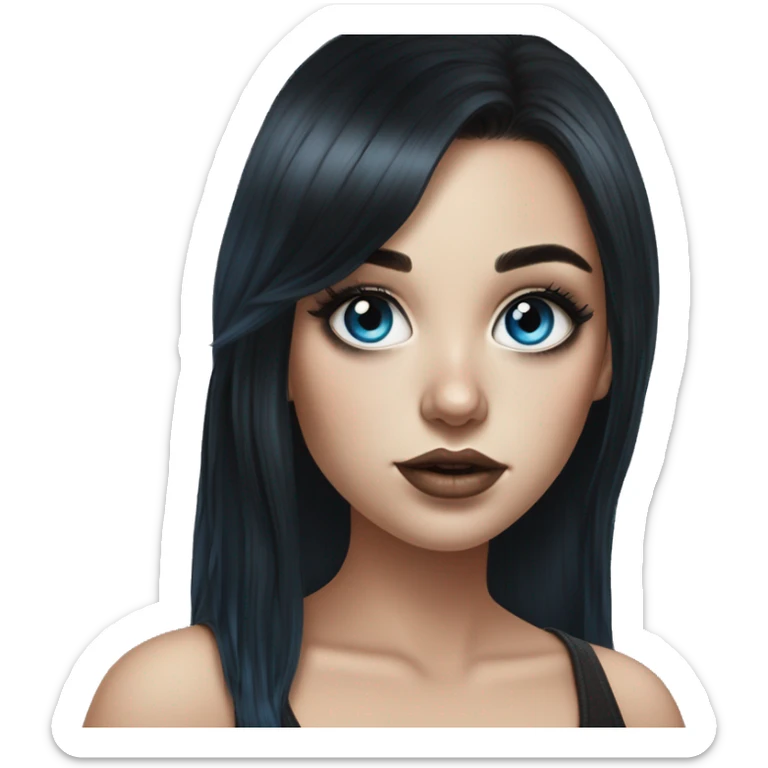Hyperrealistic drawing white girl blue eyes and long black hair with rainbow fringe. Wearing black crop top and has dark eye makeup on her eyes sticker