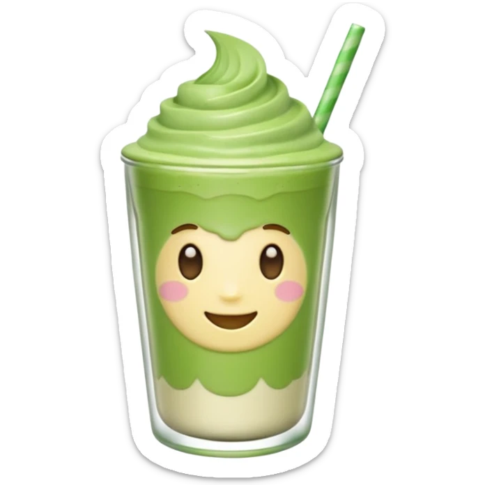 Emoji glossy 3D de un vaso de matcha latte, vaso de vidrio transparente con matcha espumoso verde pastel, capas suaves de leche y matcha, brillo intenso tipo sticker, sombras delicadas, fondo transparente, estilo cute moderno, alta calidad sticker