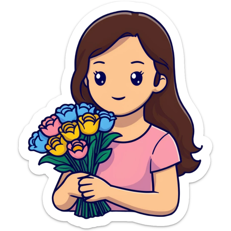 A cool girl with long brown hair and fair skin holding a bouquet of flowers sticker