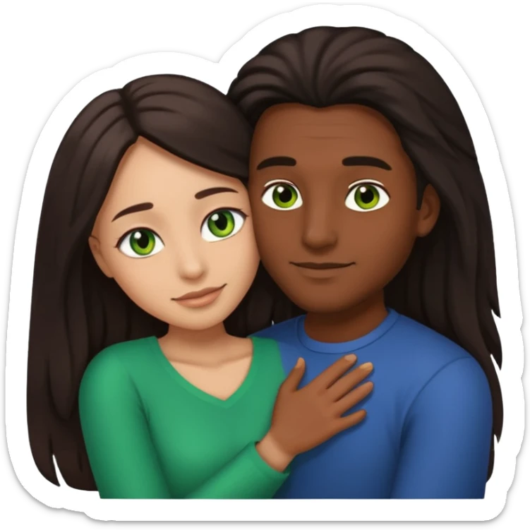 black man with brown eyes hugging a woman with long dark hair, green eyes, and light skin, emoji style sticker