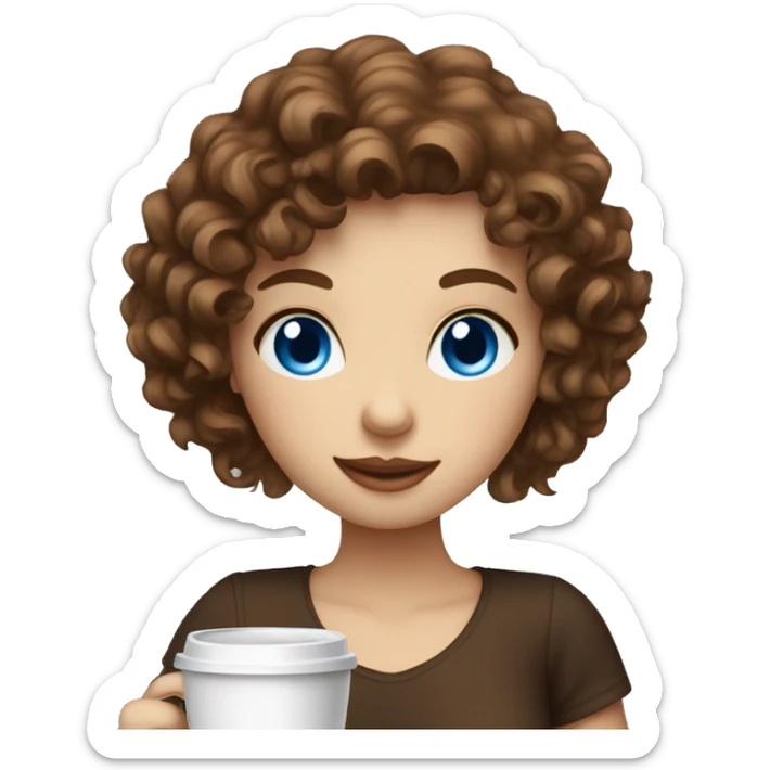 girl with fair skin brown curly hair and blue eyes drinking a coffee sticker