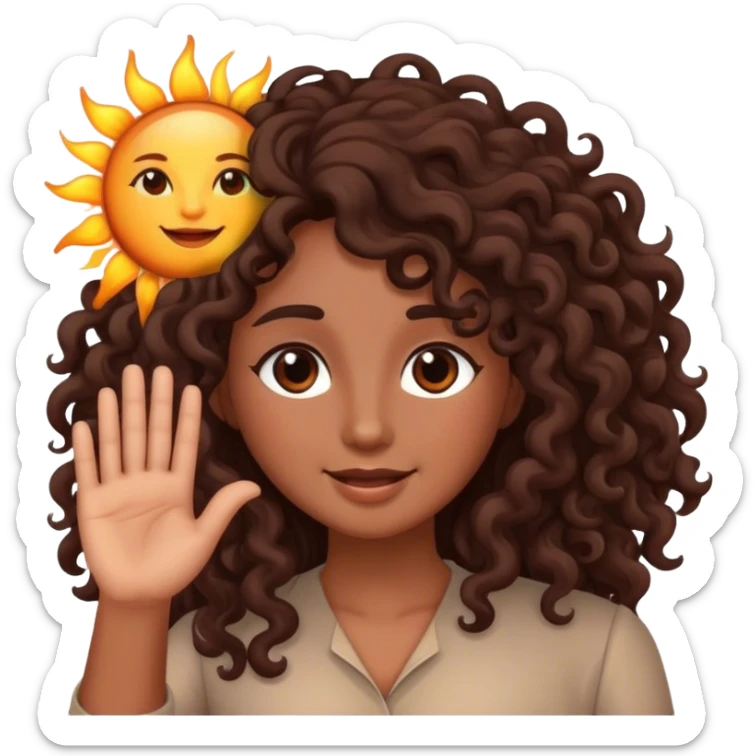 Brown woman with dark brown long curly hair saying good morning with the sun sticker