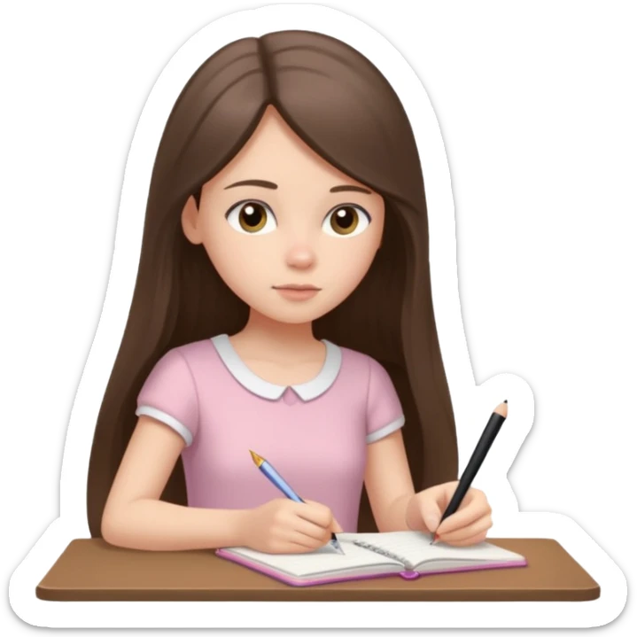 white brunette teen long hair with hazel eyes in a light pink dress writing in a notebook sticker