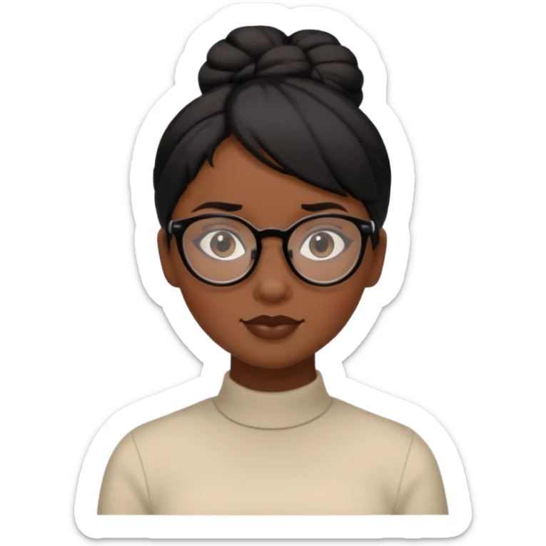 A woman with dark skin, black hair in a neat bun, black glasses, and an oval face with soft features. sticker