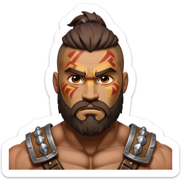 Clash of Clans aesthetic: Cinematic Rugged Barbarian Portrait Emoji, Intense and formidable with a heavily muscled physique, a rugged beard, piercing eyes, and battle-worn armor adorned with tribal markings, his expression fierce and resolute, Simplified yet powerfully detailed features, highly detailed, glowing with a deep, primal energy, high shine, gritty and uncompromising, stylized with an air of raw, untamed power, focused and determined, soft glowing outline, capturing the essence of a barbarian warrior carved by countless battles and poised to lead his clan into epic conflict! sticker