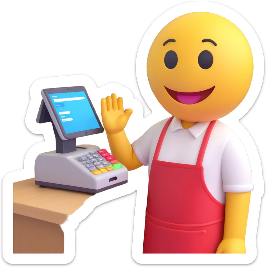 3D smiley emoji, round shape, wearing a store clerk apron, next to a cash register or shopping basket, with a funny and kind facial expression, transparent background sticker