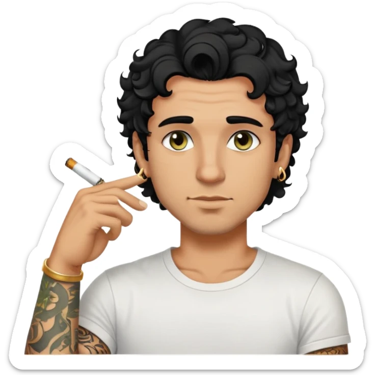 Italian guy with tanned skin, curly black hair, short bob, with stubble, olive-colored eyes, with a gold ring earring in his left ear, wearing a white T-shirt, with a black tattoo on his forearm, smoking a cigarette. sticker
