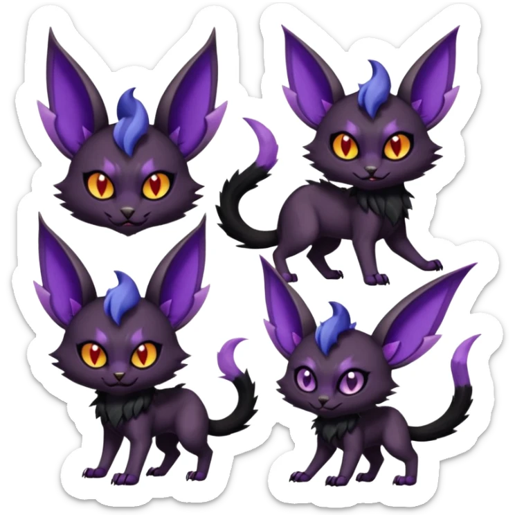 Black edgy Noivern-Noibat-Purloin-Torracat-Lykoi-Caracal-cat-Fakemon-fusion-hybrid-creature with bat wings on head as ears, big fangs, gothic markings sticker