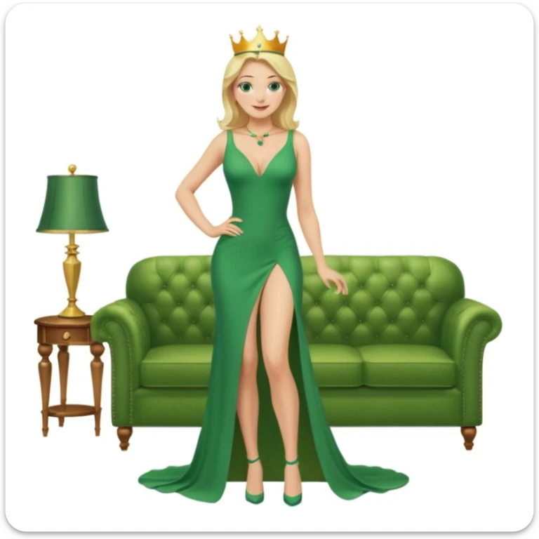 Queen, crown, blonde hair, green eyes, long green tight dress, decoltee,  Leg slit, whole Body, Background living room  sticker