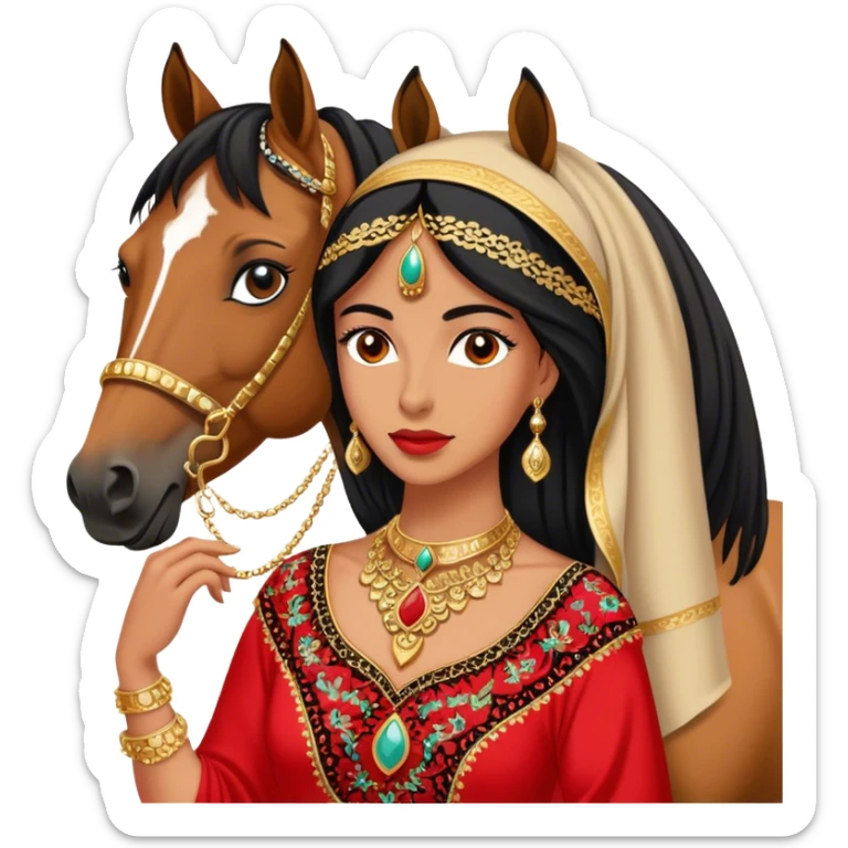 A woman in a Arab black and red embroidered dress poses beside a horse, wearing gold necklace  sticker